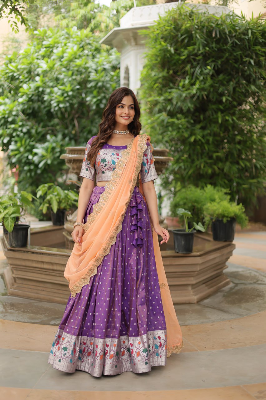 Cosmos Jequard Lehenga Choli with Russian Silk Embroidered Dupatta