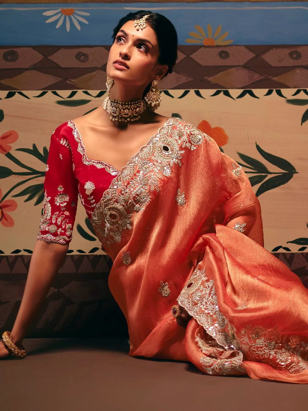 Stunning Orange Stone Work Silk Event Wear Saree With Blouse