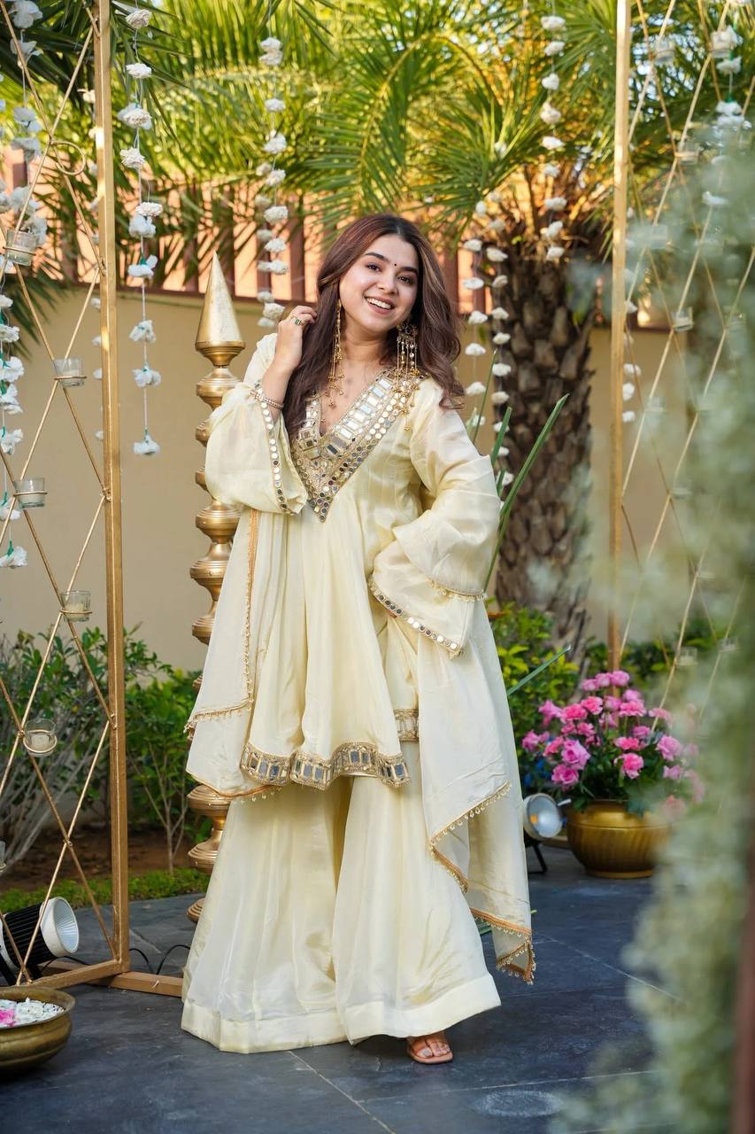 Cream Cosmos Gold Jari Silk Sharara Suit with Mirror Work