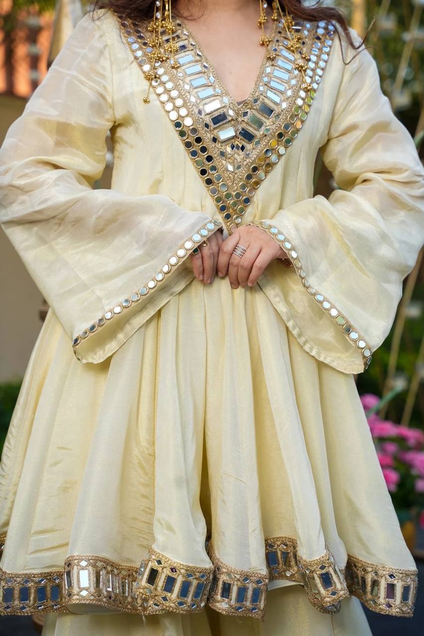 Cream Cosmos Gold Jari Silk Sharara Suit with Mirror Work