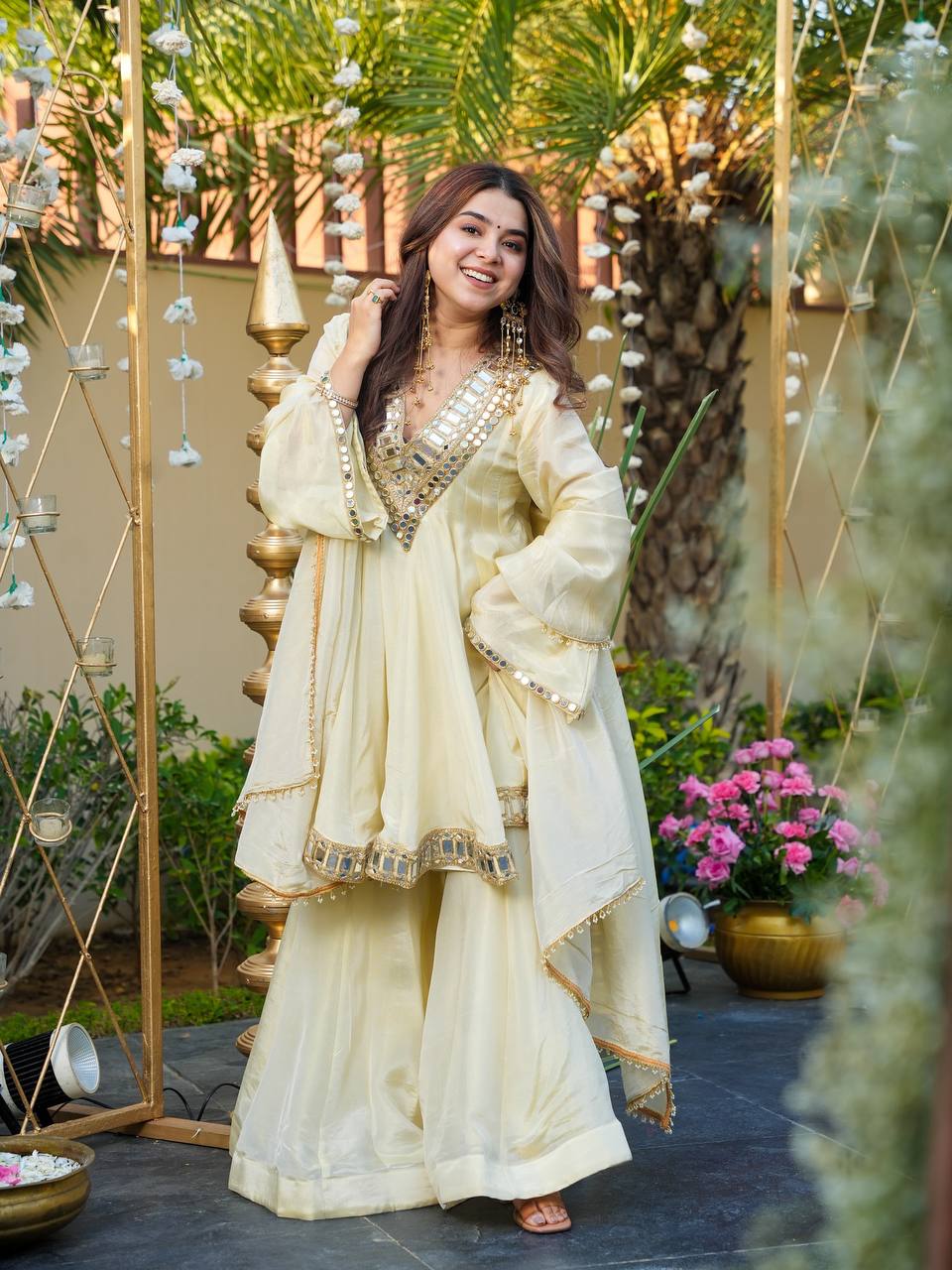 Cream Cosmos Gold Jari Silk Sharara Suit with Mirror Work