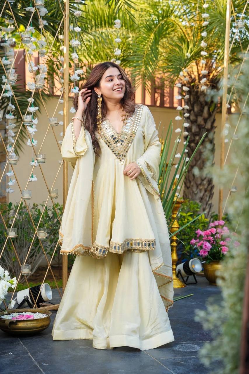 Cream Cosmos Gold Jari Silk Sharara Suit with Mirror Work