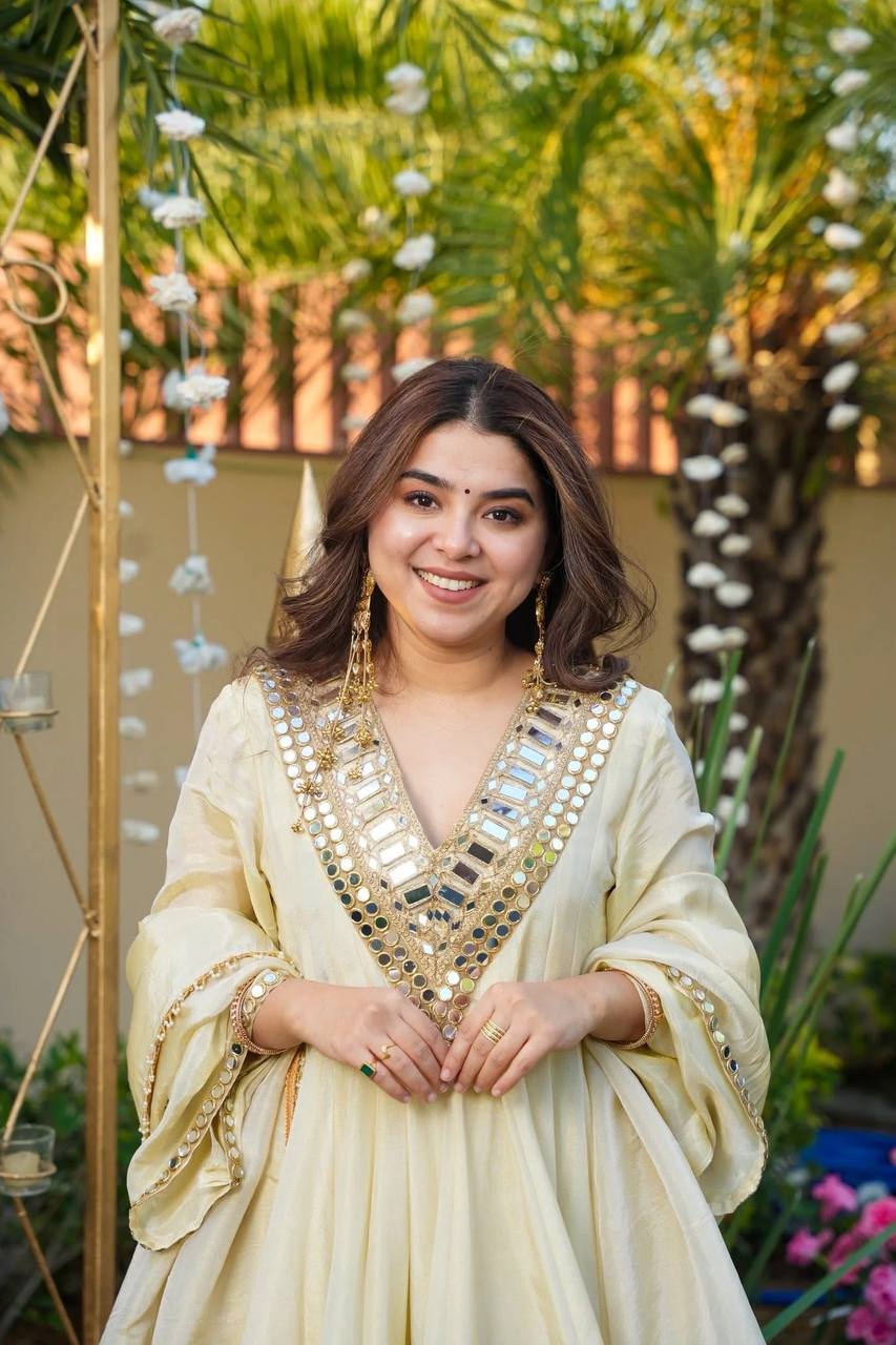 Cream Cosmos Gold Jari Silk Sharara Suit with Mirror Work
