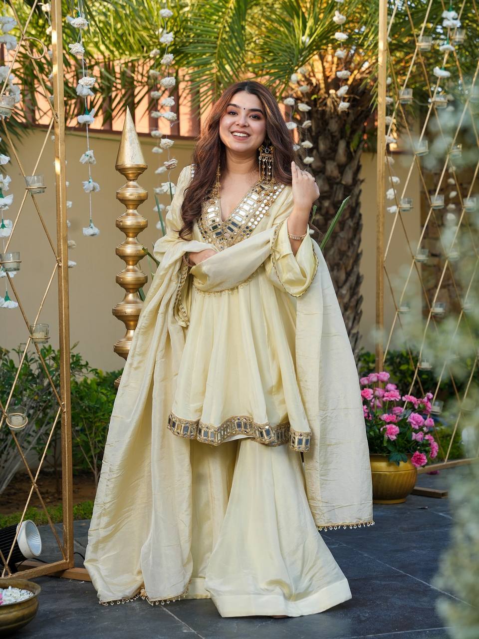 Cream Cosmos Gold Jari Silk Sharara Suit with Mirror Work