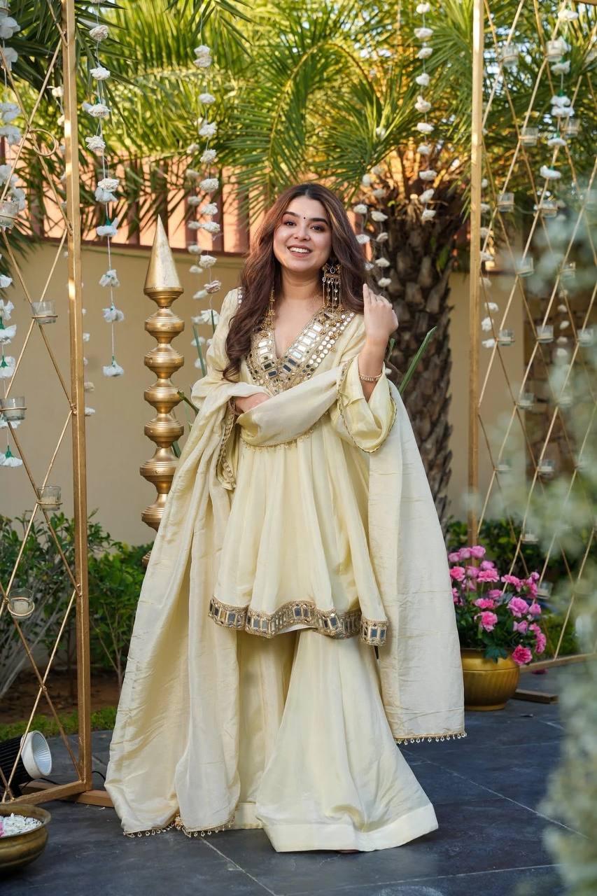 Cream Cosmos Gold Jari Silk Sharara Suit with Mirror Work
