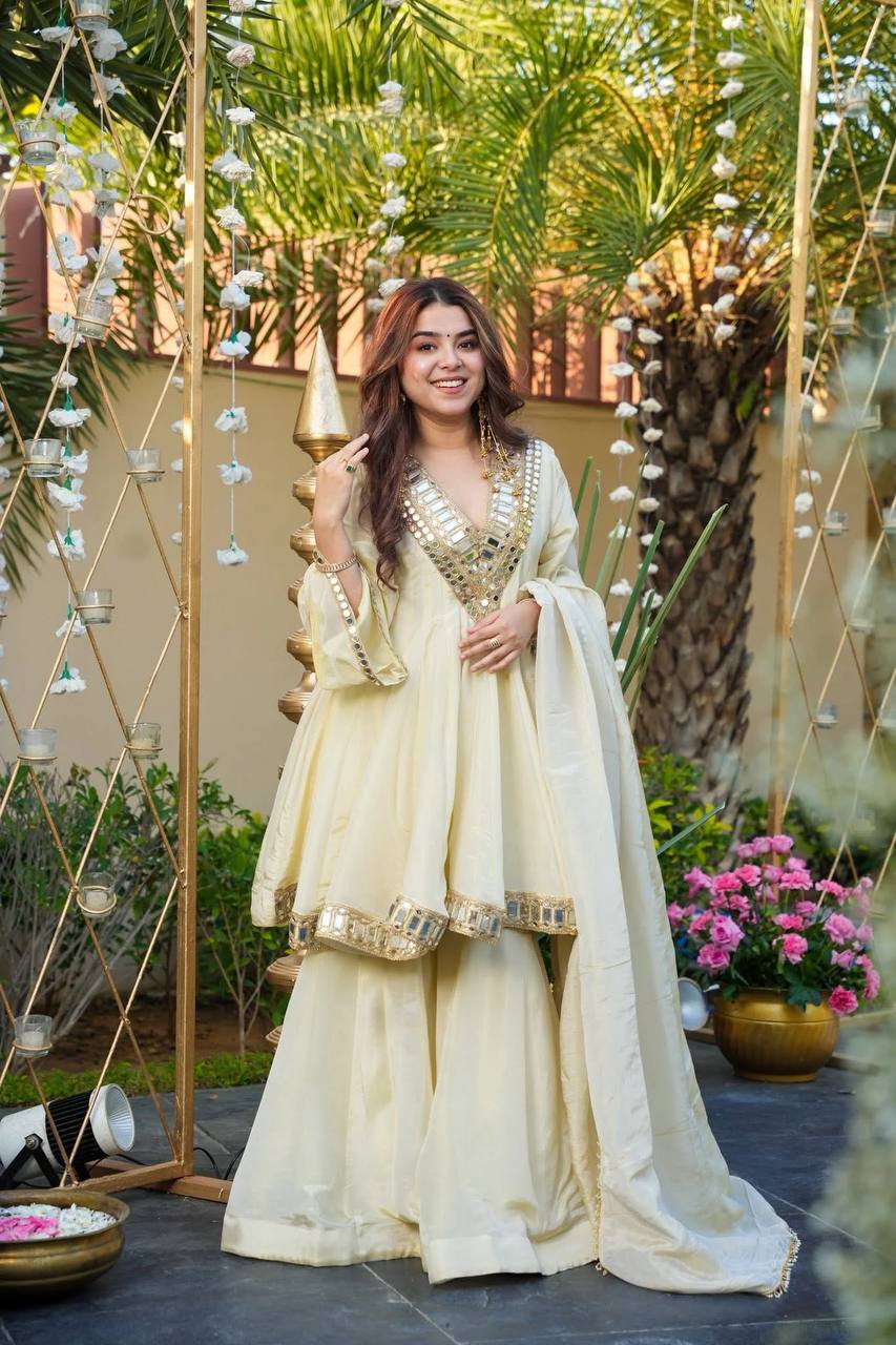 Cream Cosmos Gold Jari Silk Sharara Suit with Mirror Work