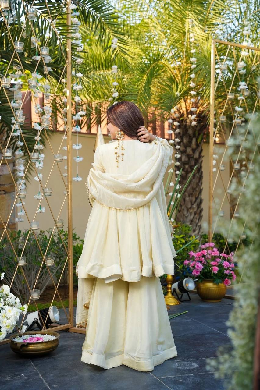 Cream Cosmos Gold Jari Silk Sharara Suit with Mirror Work