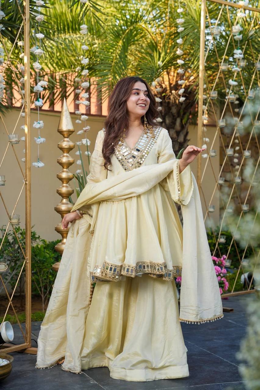 Cream Cosmos Gold Jari Silk Sharara Suit with Mirror Work