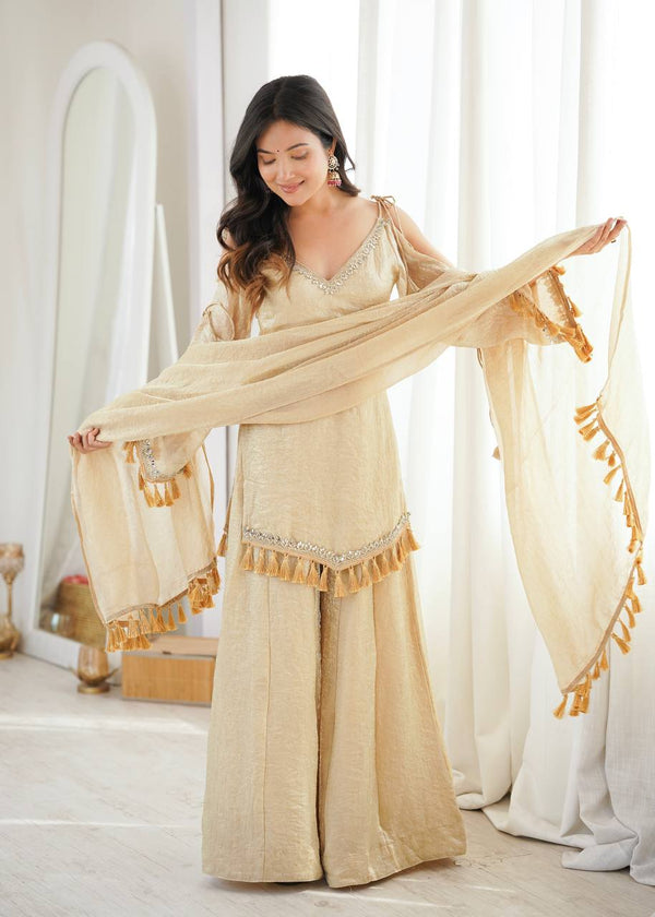 Crush Fabric Sharara Suit with Mirror Work and Tassels