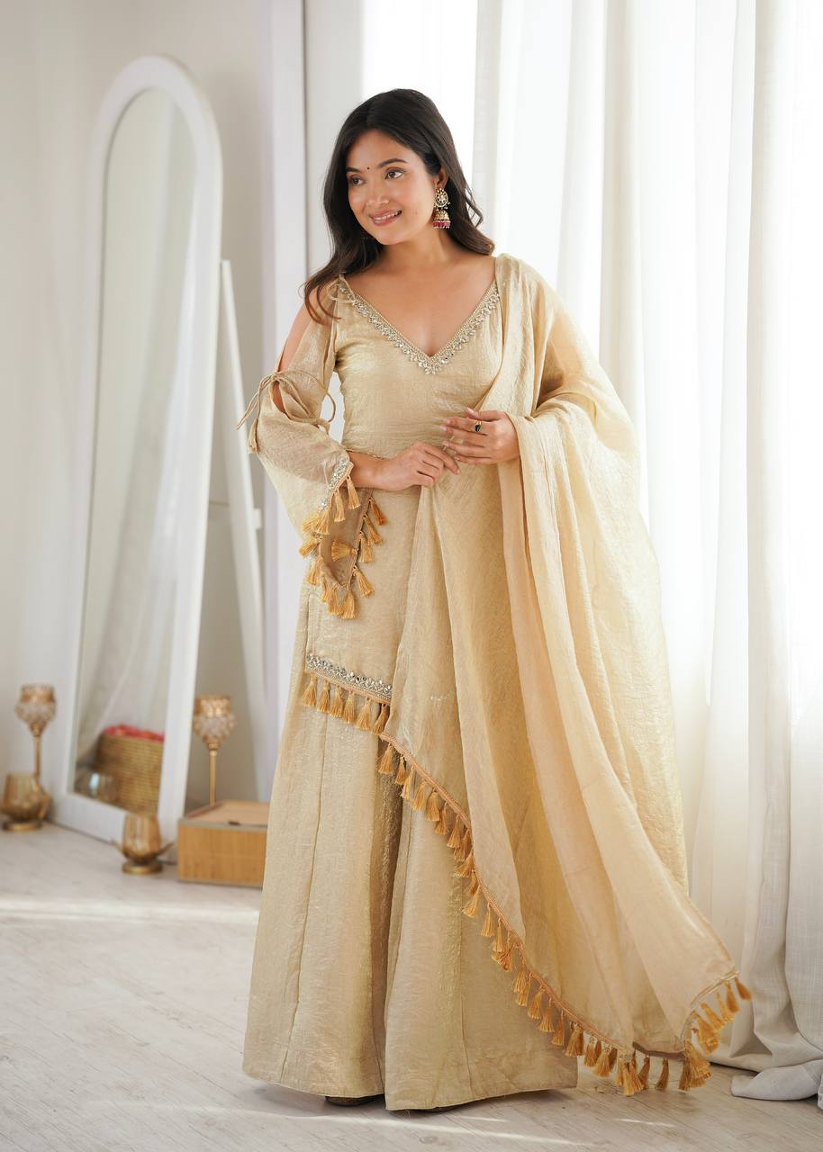 Crush Fabric Sharara Suit with Mirror Work and Tassels