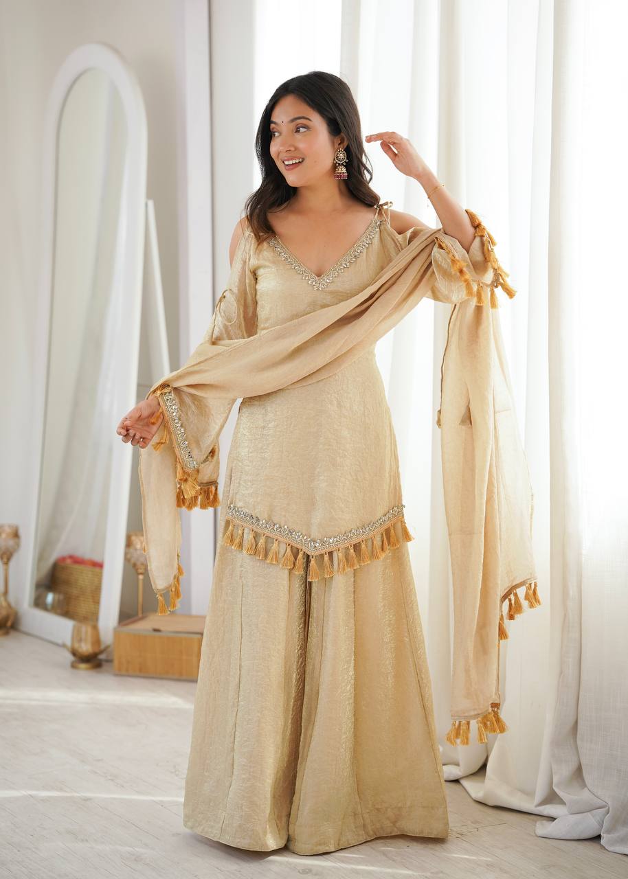 Crush Fabric Sharara Suit with Mirror Work and Tassels