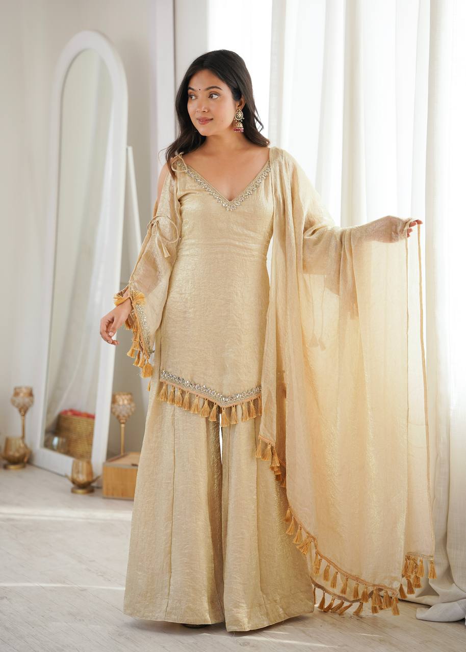 Crush Fabric Sharara Suit with Mirror Work and Tassels