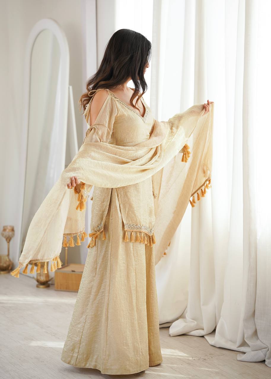 Crush Fabric Sharara Suit with Mirror Work and Tassels