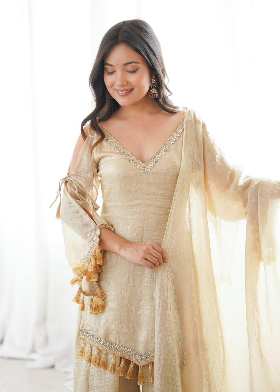 Crush Fabric Sharara Suit with Mirror Work and Tassels