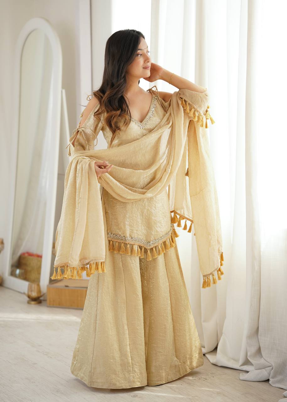 Crush Fabric Sharara Suit with Mirror Work and Tassels