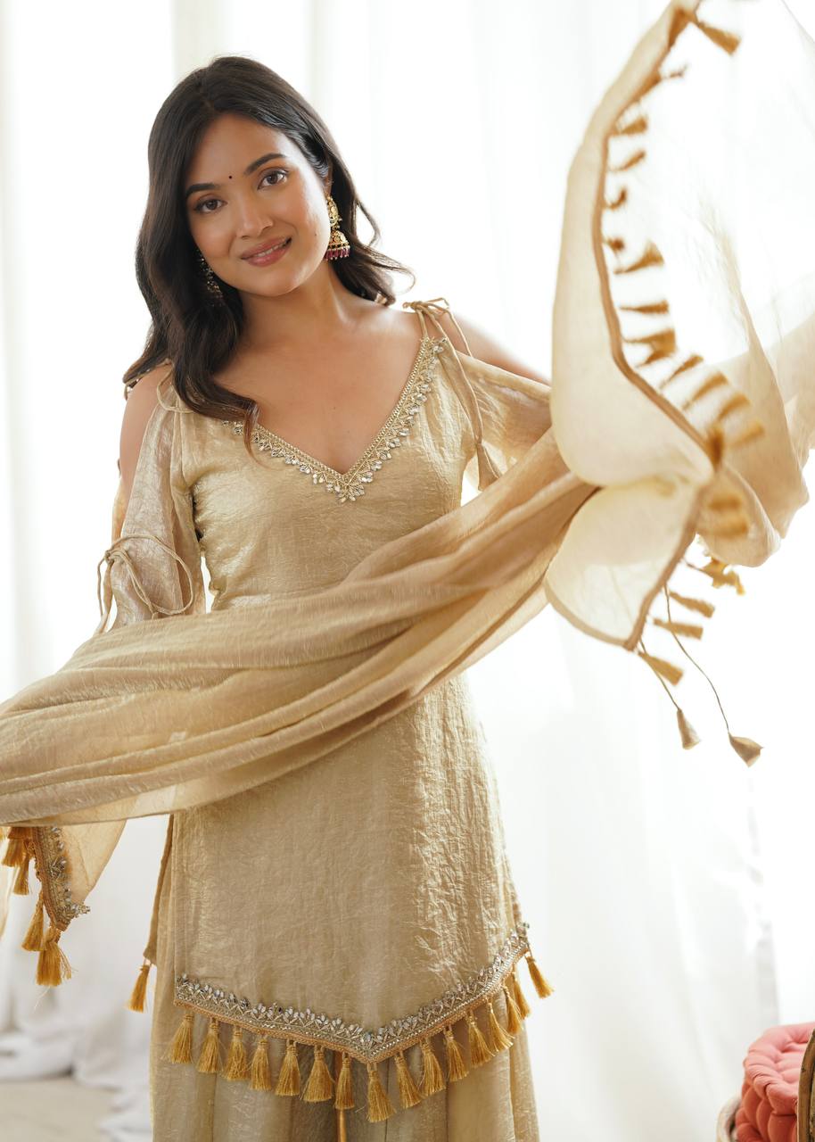 Crush Fabric Sharara Suit with Mirror Work and Tassels