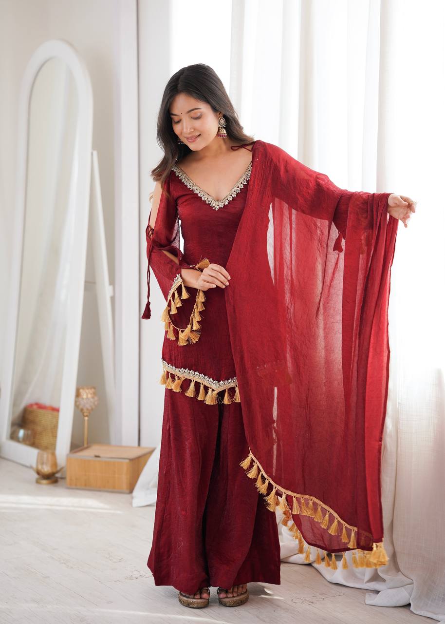 Crush Fabric Sharara Suit with Mirror Work and Tassels