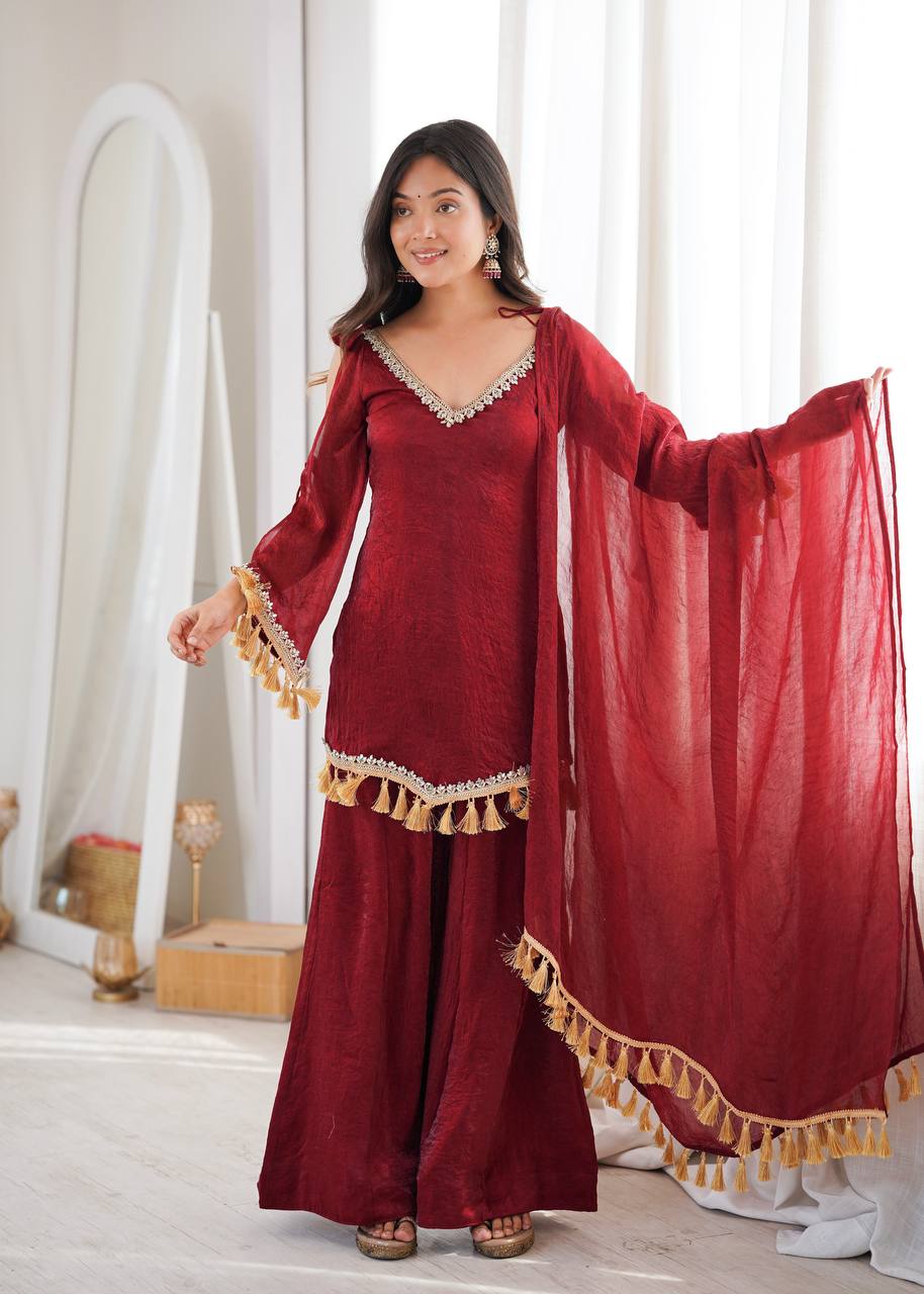 Crush Fabric Sharara Suit with Mirror Work and Tassels