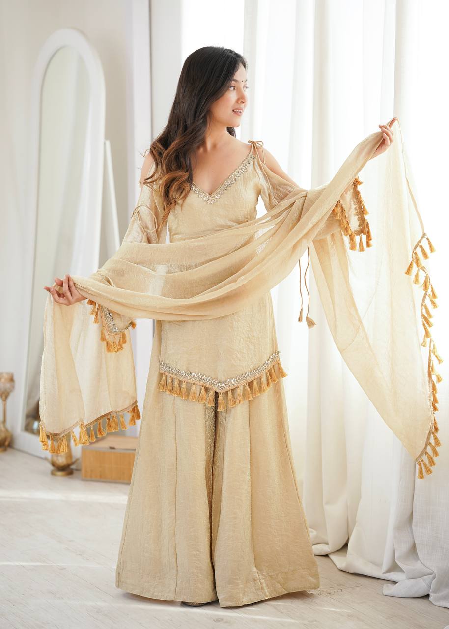 Crush Fabric Sharara Suit with Mirror Work and Tassels