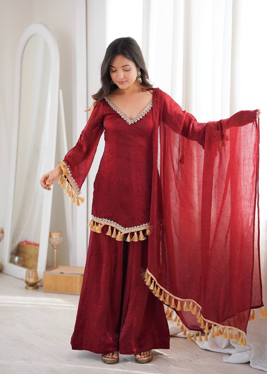 Crush Fabric Sharara Suit with Mirror Work and Tassels