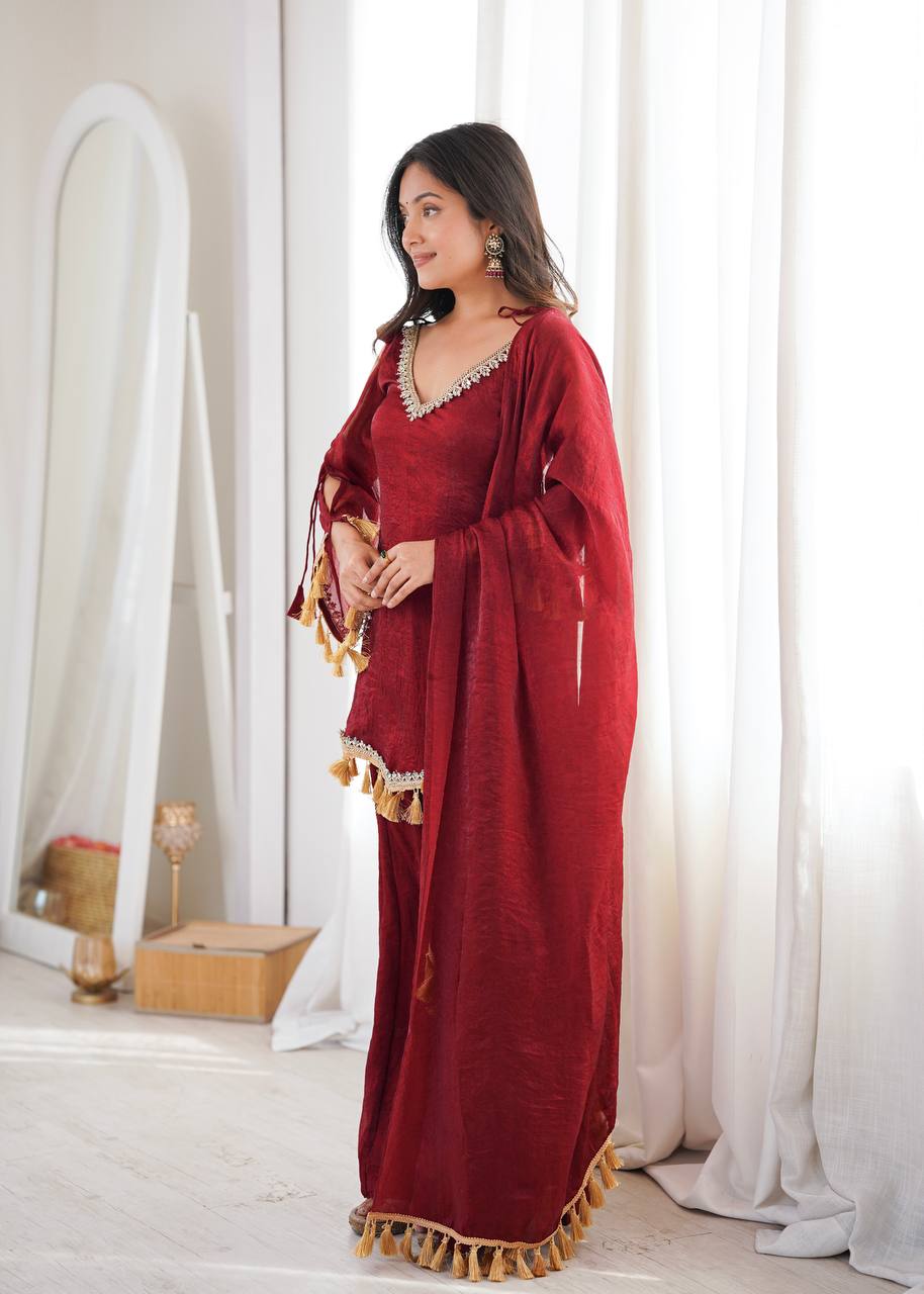 Crush Fabric Sharara Suit with Mirror Work and Tassels