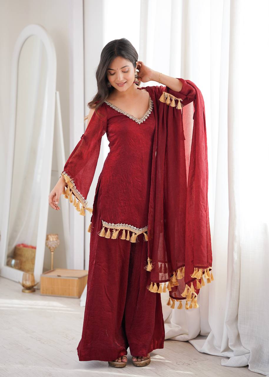 Crush Fabric Sharara Suit with Mirror Work and Tassels