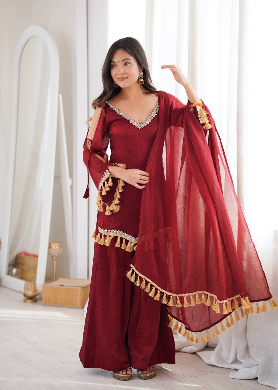 Crush Fabric Sharara Suit with Mirror Work and Tassels
