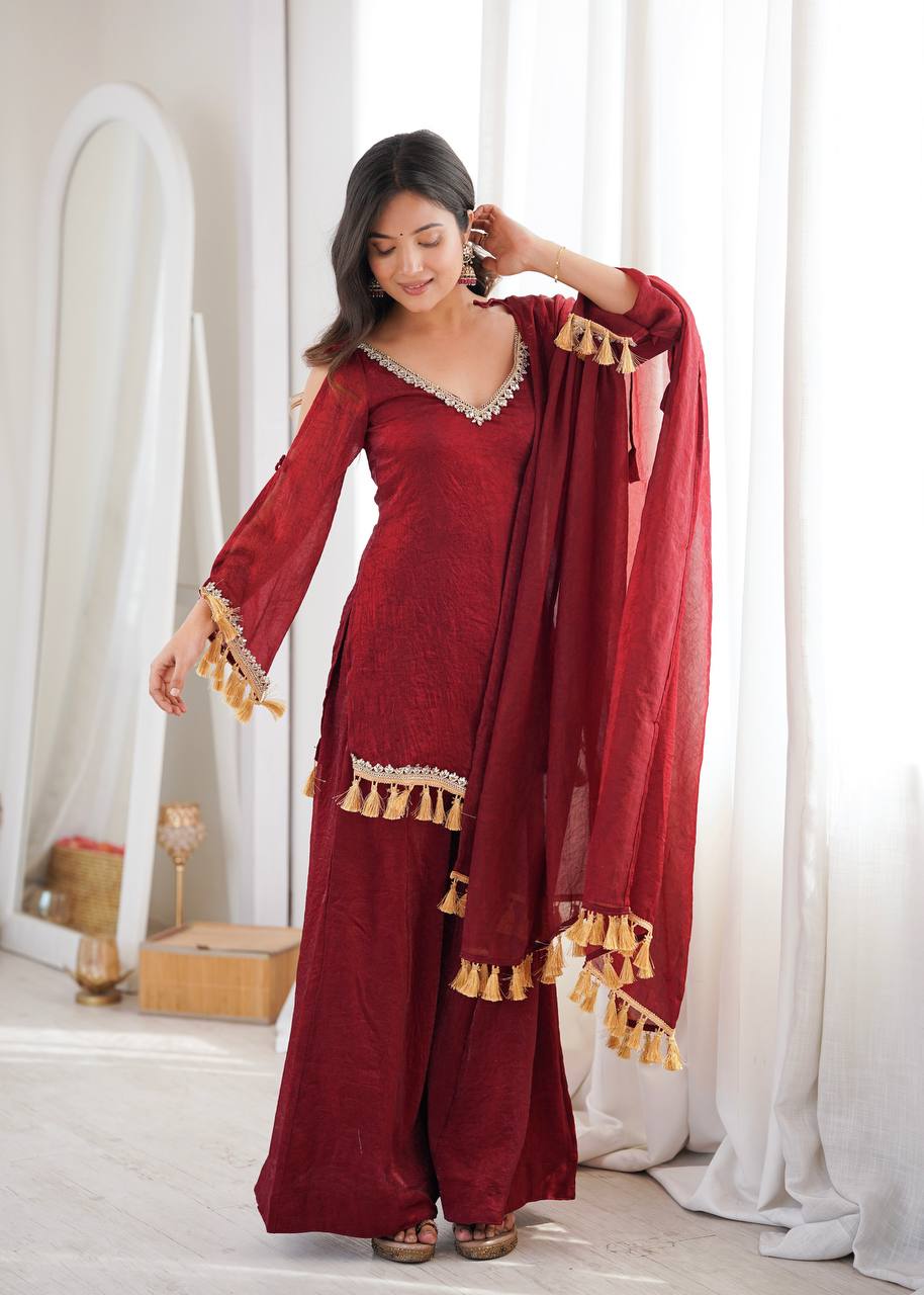 Crush Fabric Sharara Suit with Mirror Work and Tassels