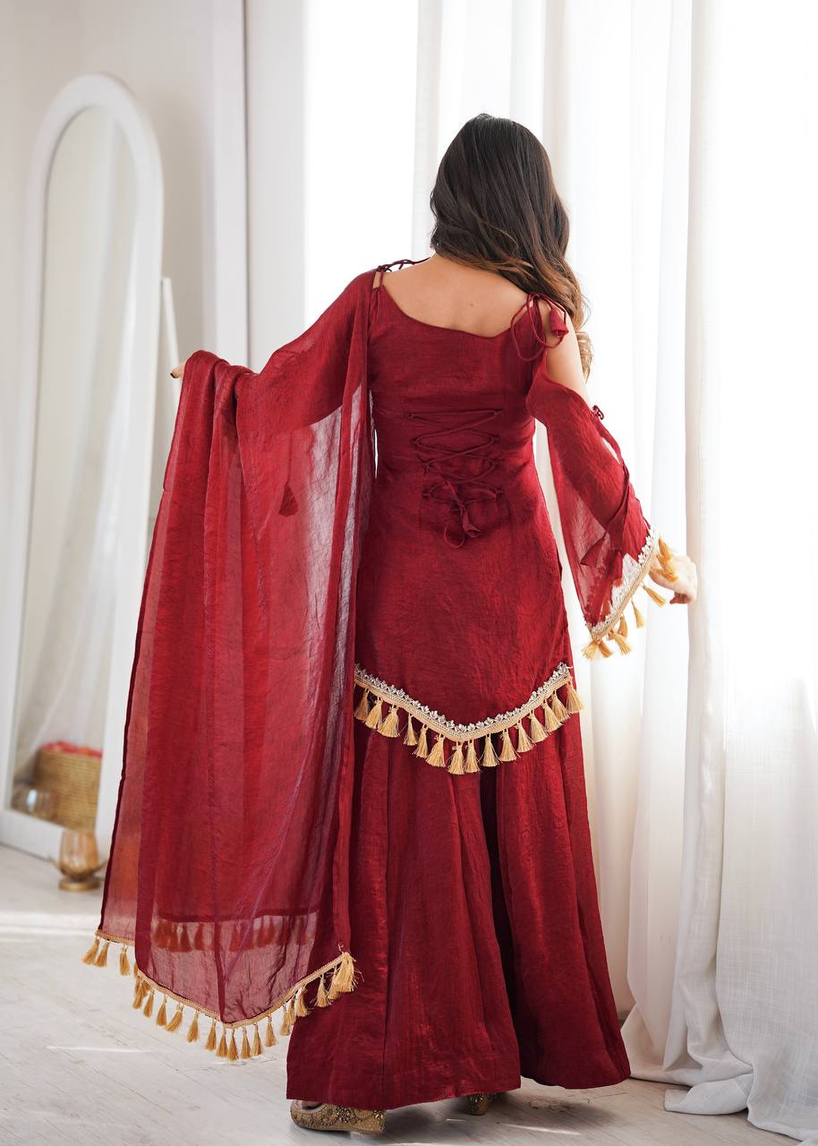 Crush Fabric Sharara Suit with Mirror Work and Tassels