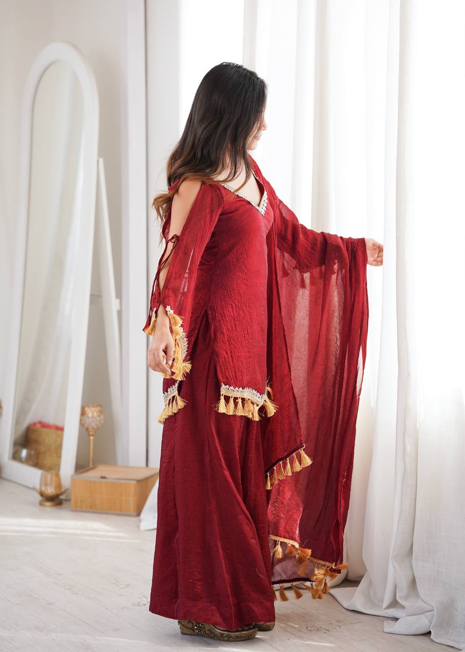 Crush Fabric Sharara Suit with Mirror Work and Tassels