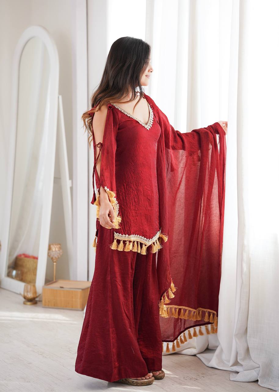 Crush Fabric Sharara Suit with Mirror Work and Tassels