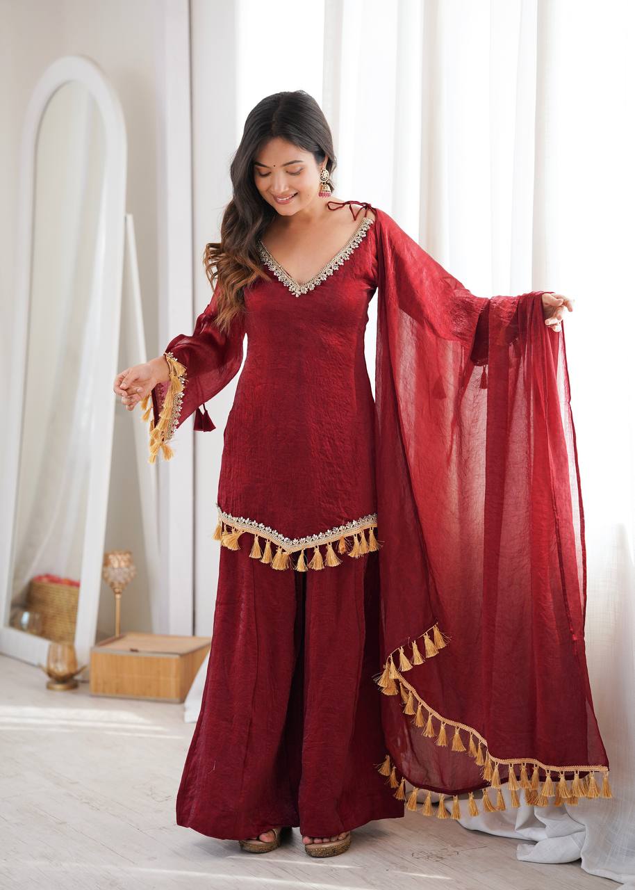Crush Fabric Sharara Suit with Mirror Work and Tassels