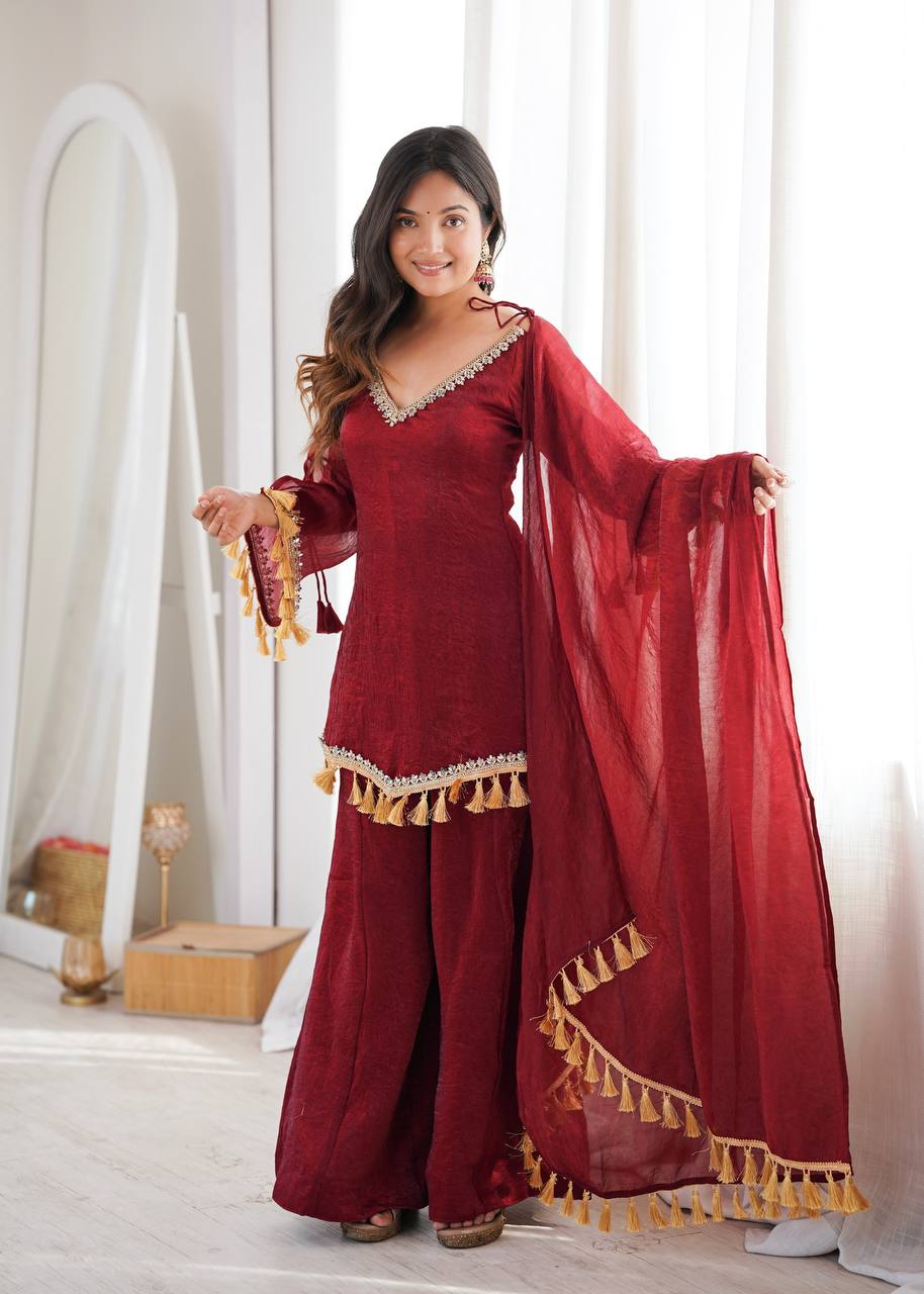 Crush Fabric Sharara Suit with Mirror Work and Tassels