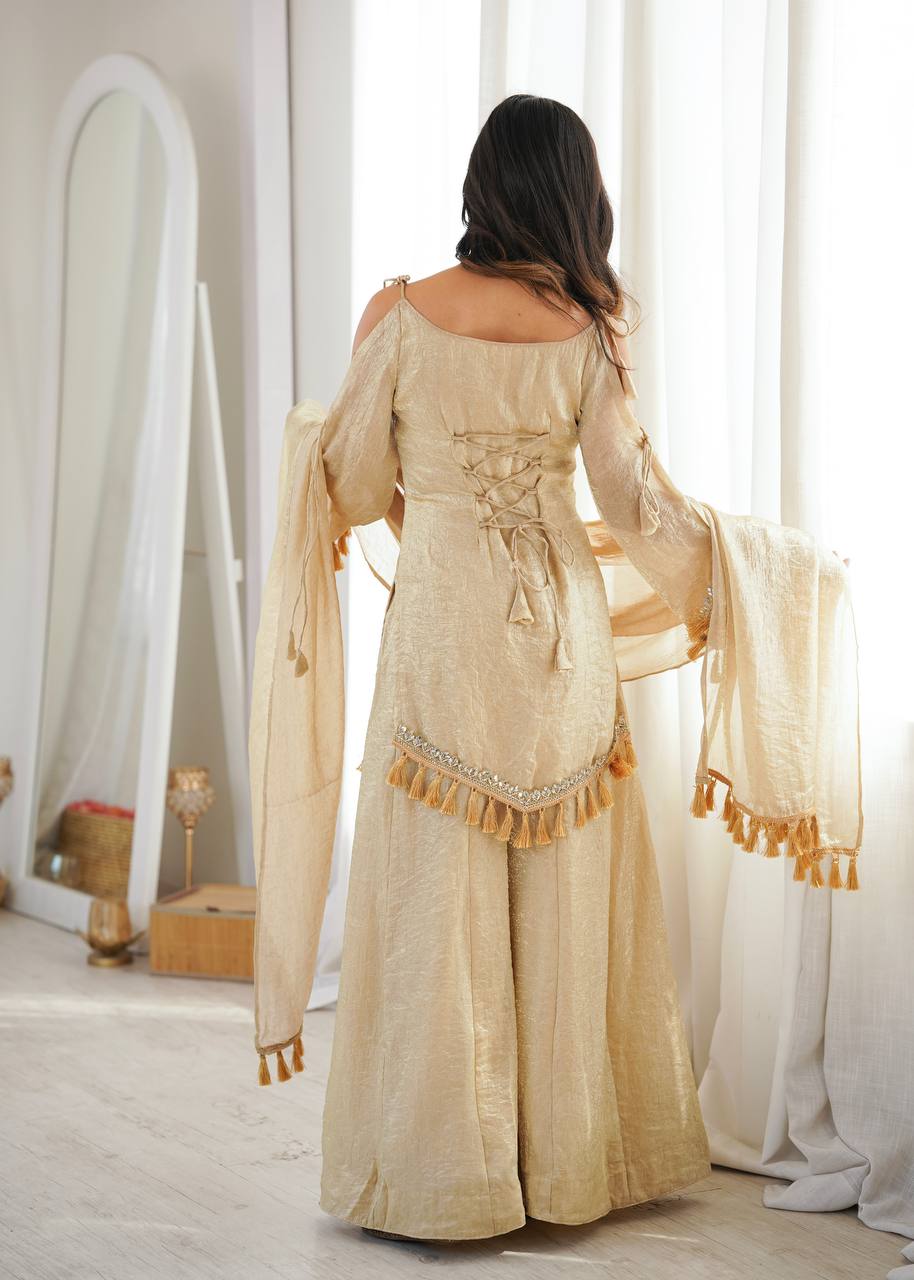 Crush Fabric Sharara Suit with Mirror Work and Tassels