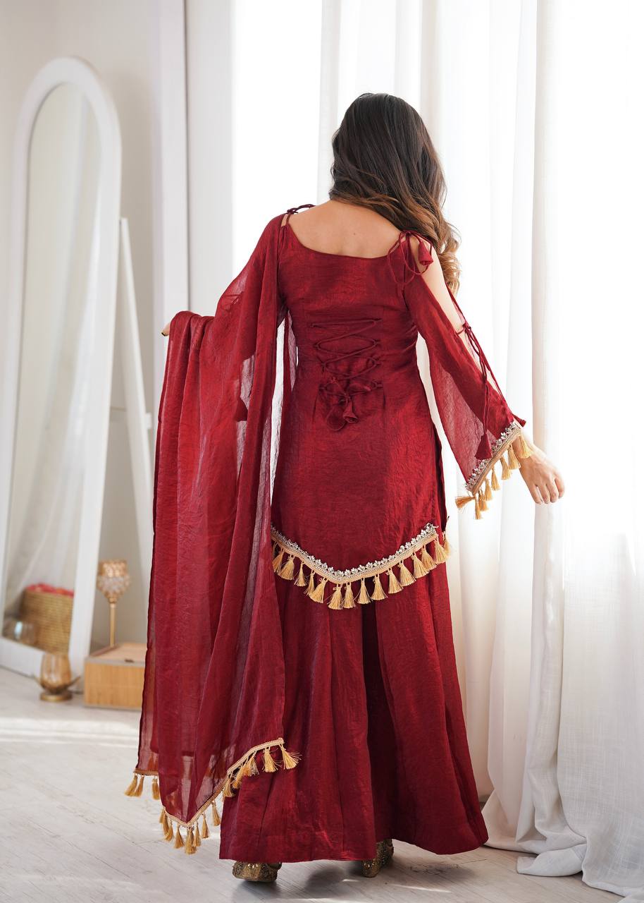 Crush Fabric Sharara Suit with Mirror Work and Tassels