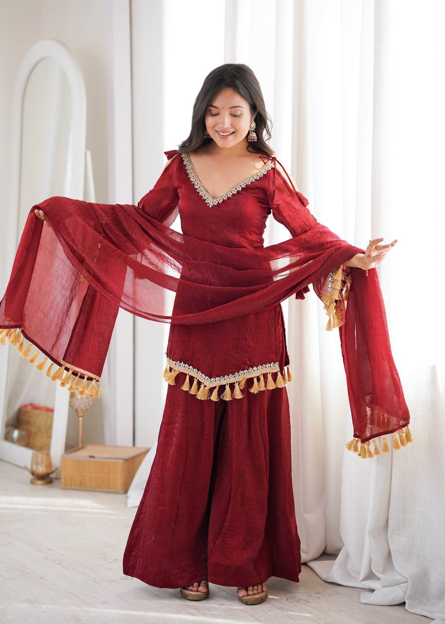 Crush Fabric Sharara Suit with Mirror Work and Tassels