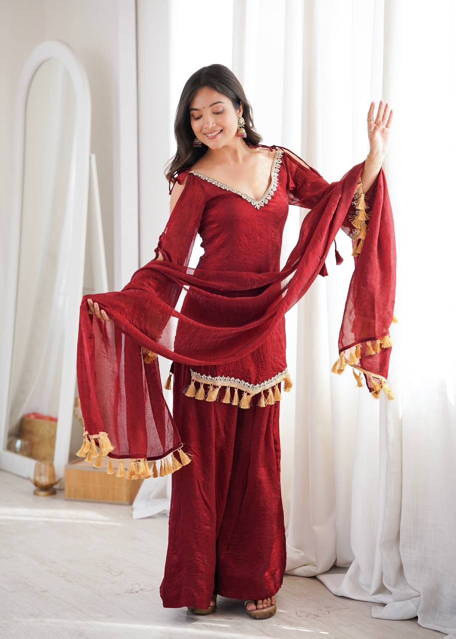 Crush Fabric Sharara Suit with Mirror Work and Tassels