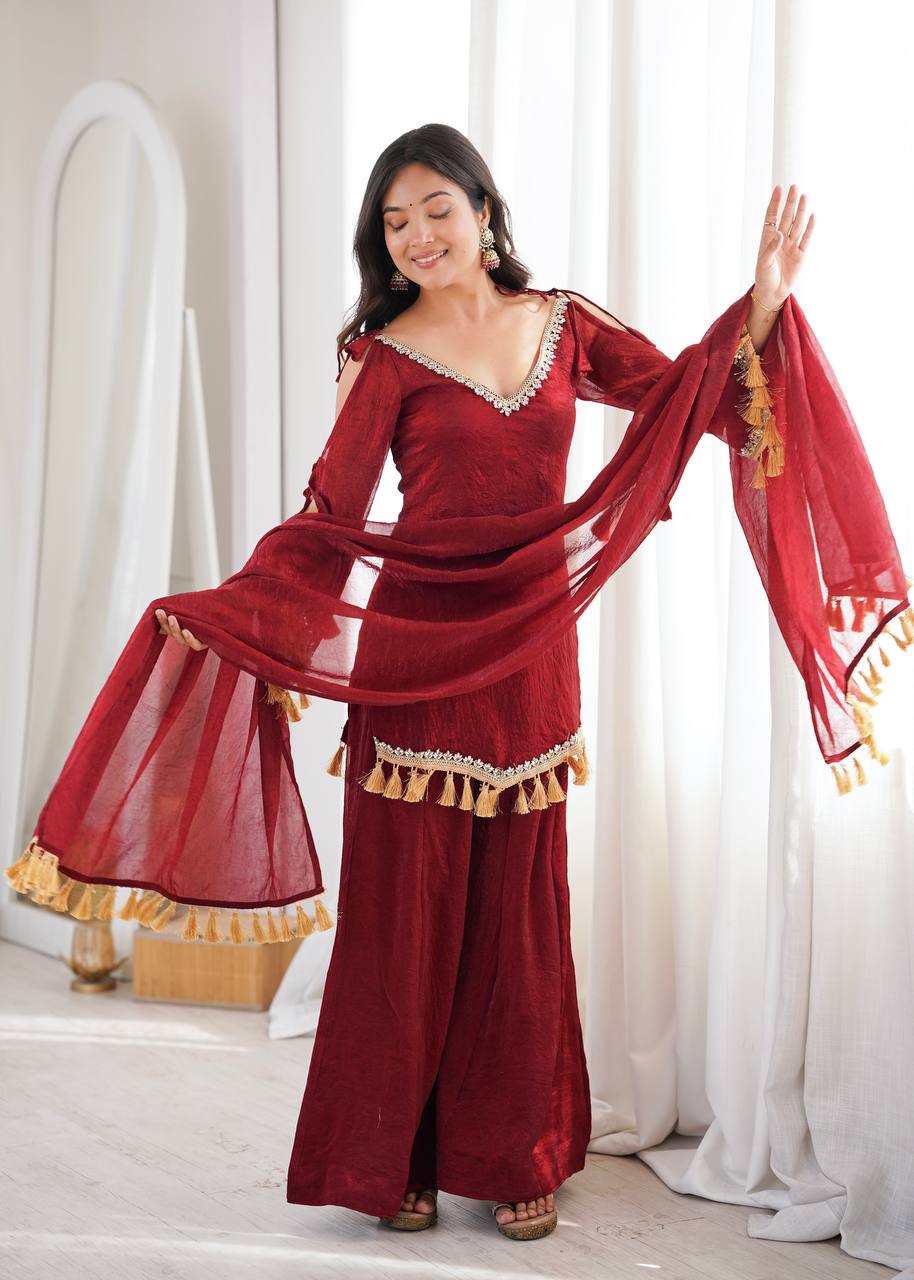 Crush Fabric Sharara Suit with Mirror Work and Tassels