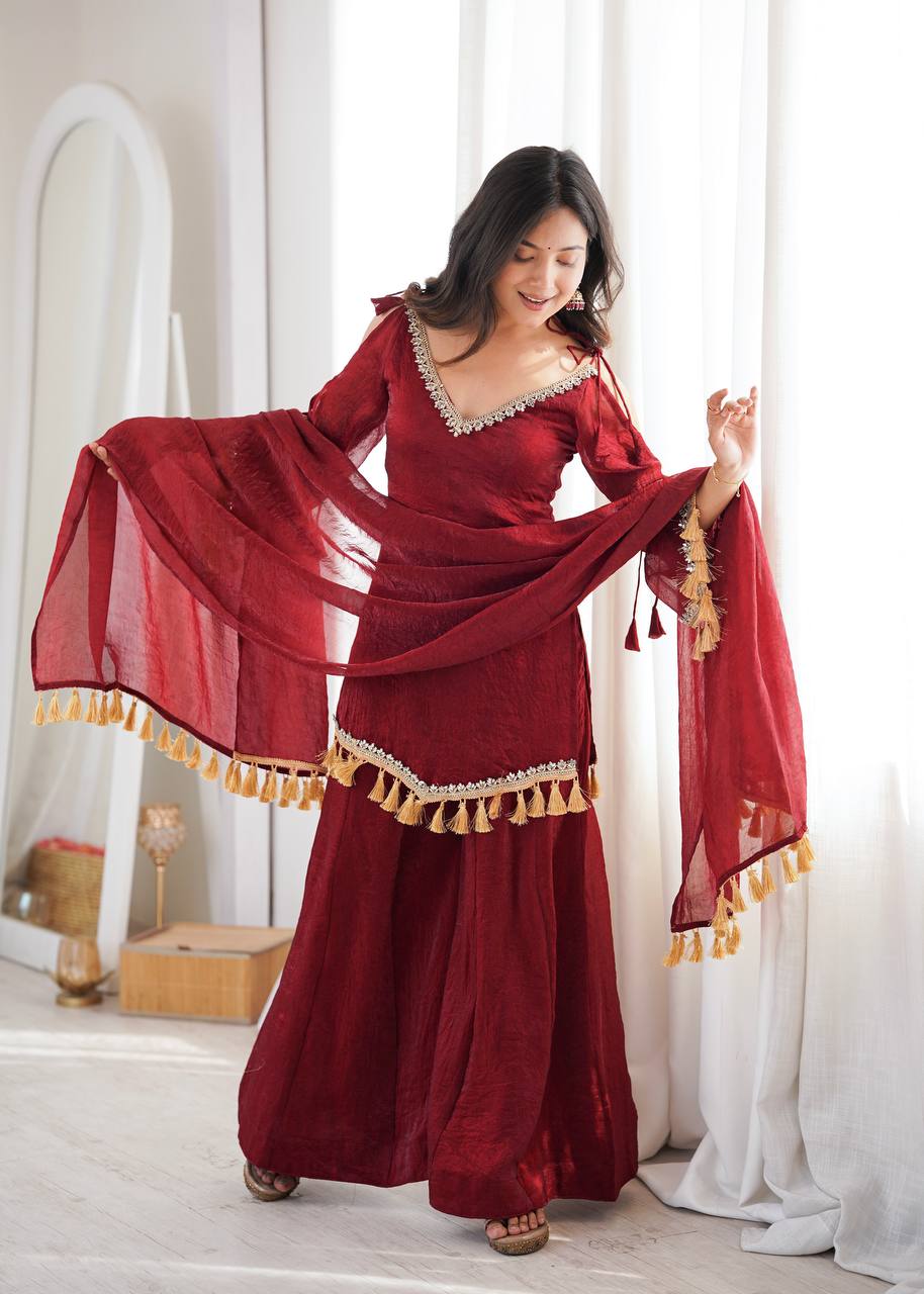 Crush Fabric Sharara Suit with Mirror Work and Tassels