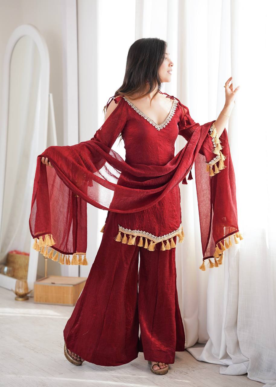 Crush Fabric Sharara Suit with Mirror Work and Tassels