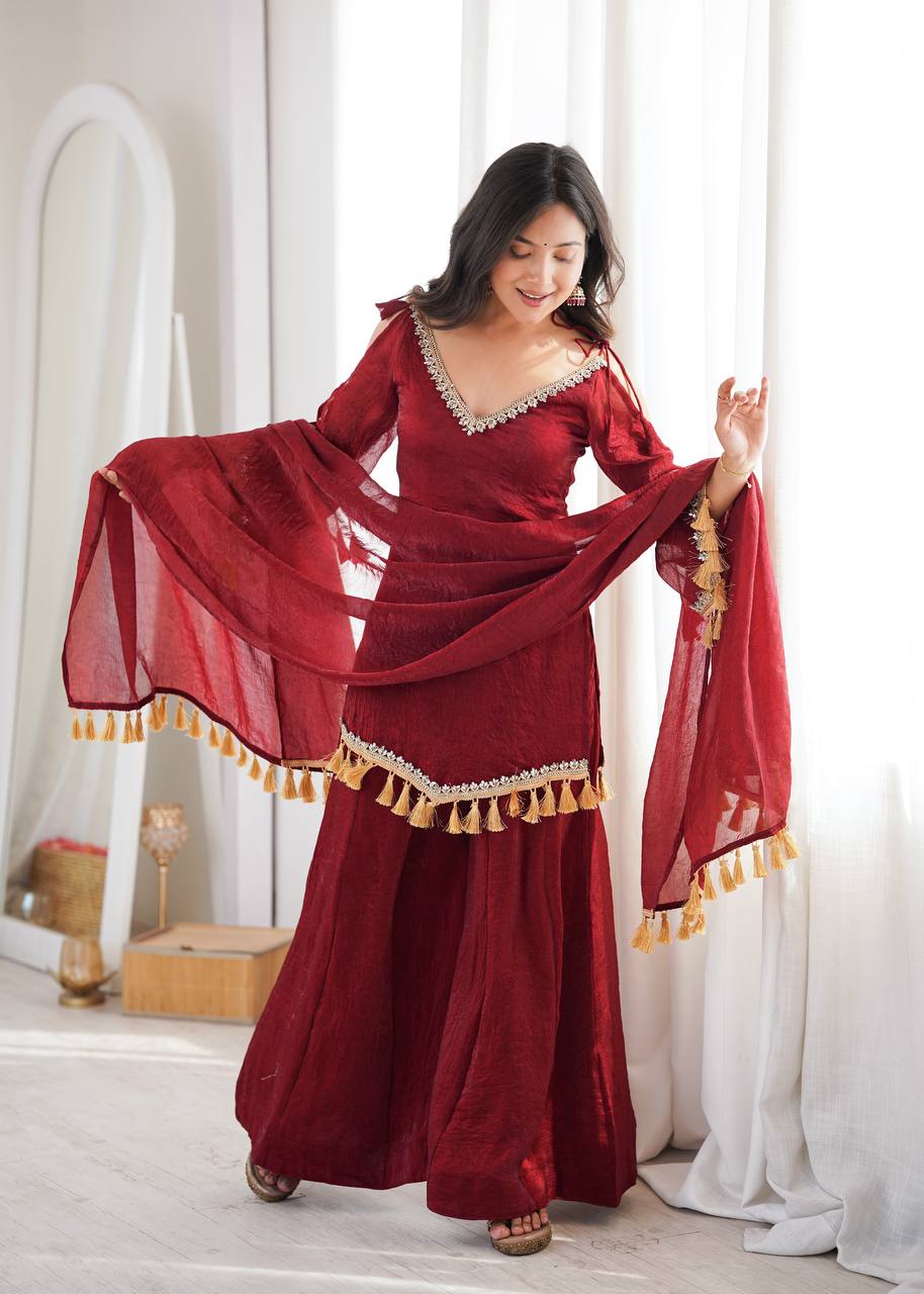 Crush Fabric Sharara Suit with Mirror Work and Tassels