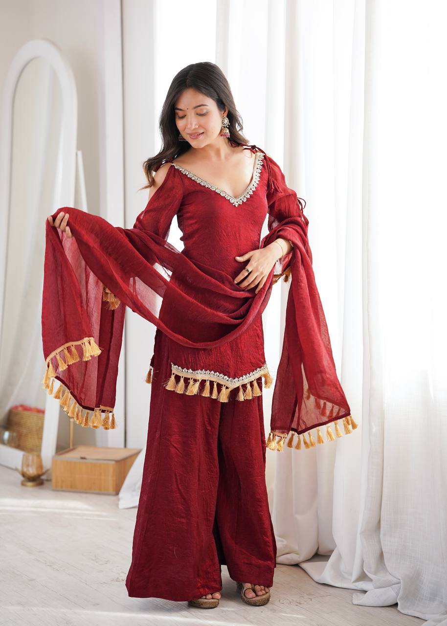 Crush Fabric Sharara Suit with Mirror Work and Tassels
