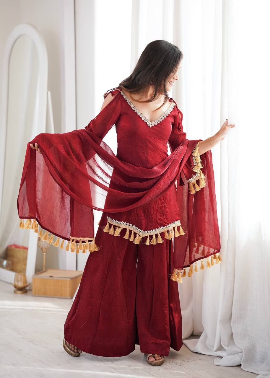 Crush Fabric Sharara Suit with Mirror Work and Tassels