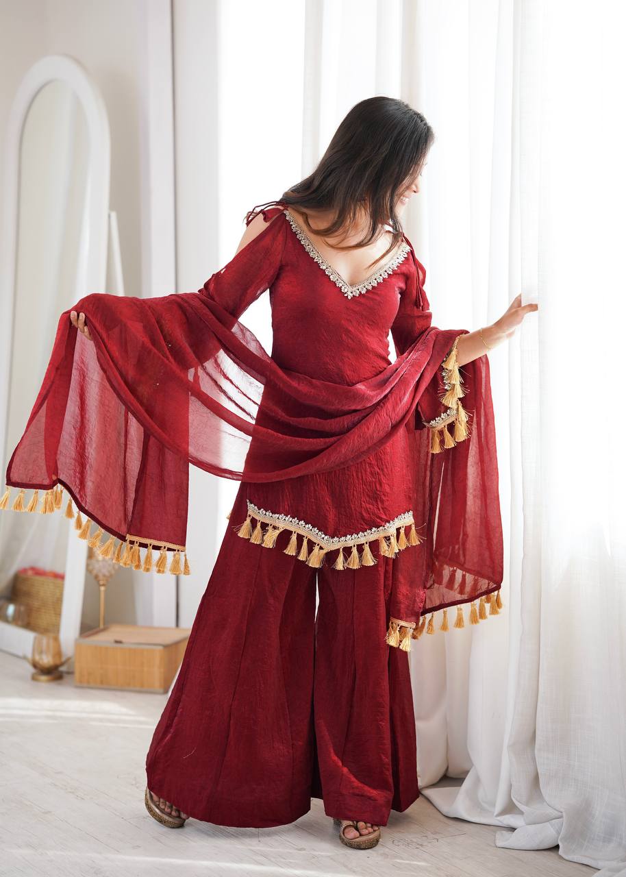 Crush Fabric Sharara Suit with Mirror Work and Tassels