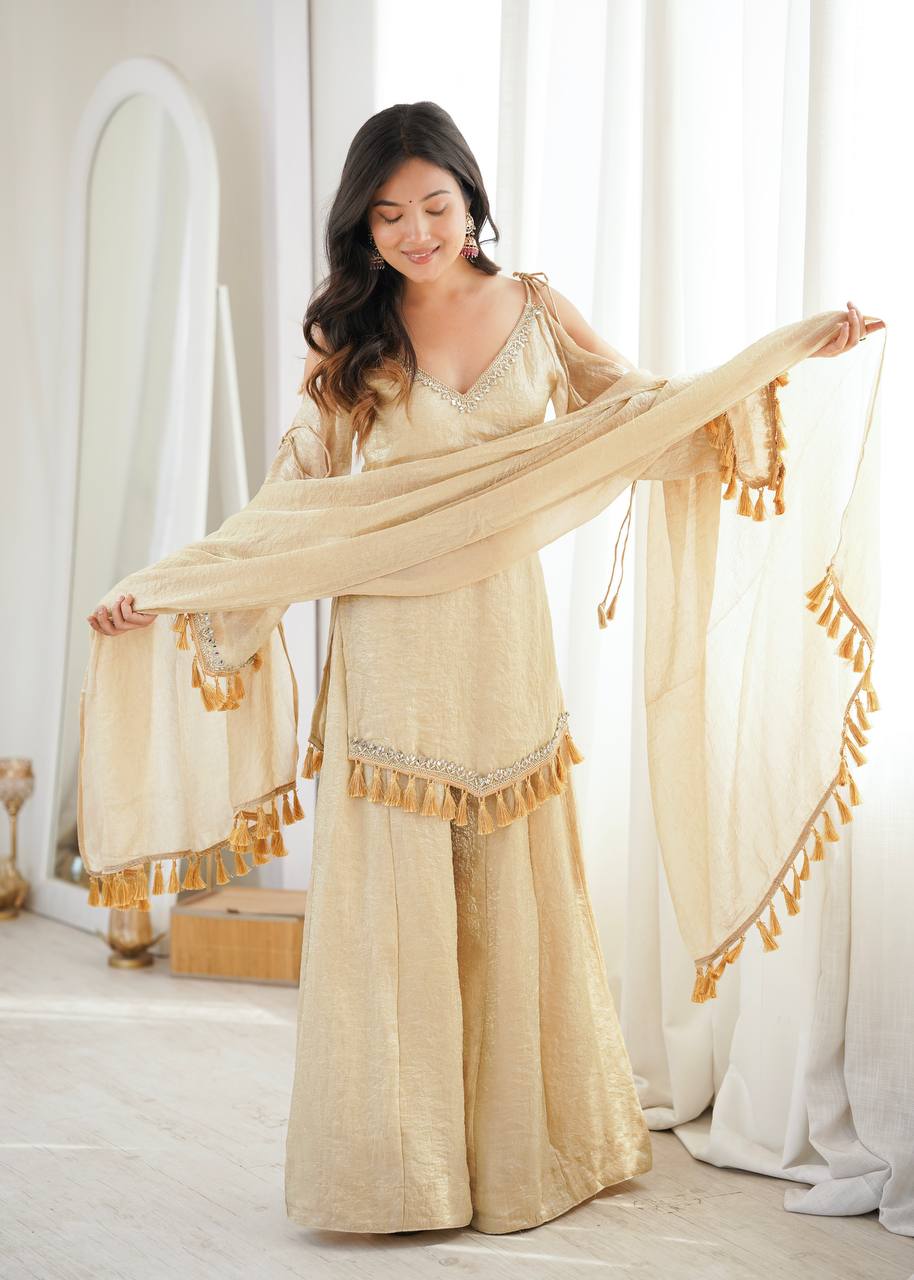 Crush Fabric Sharara Suit with Mirror Work and Tassels