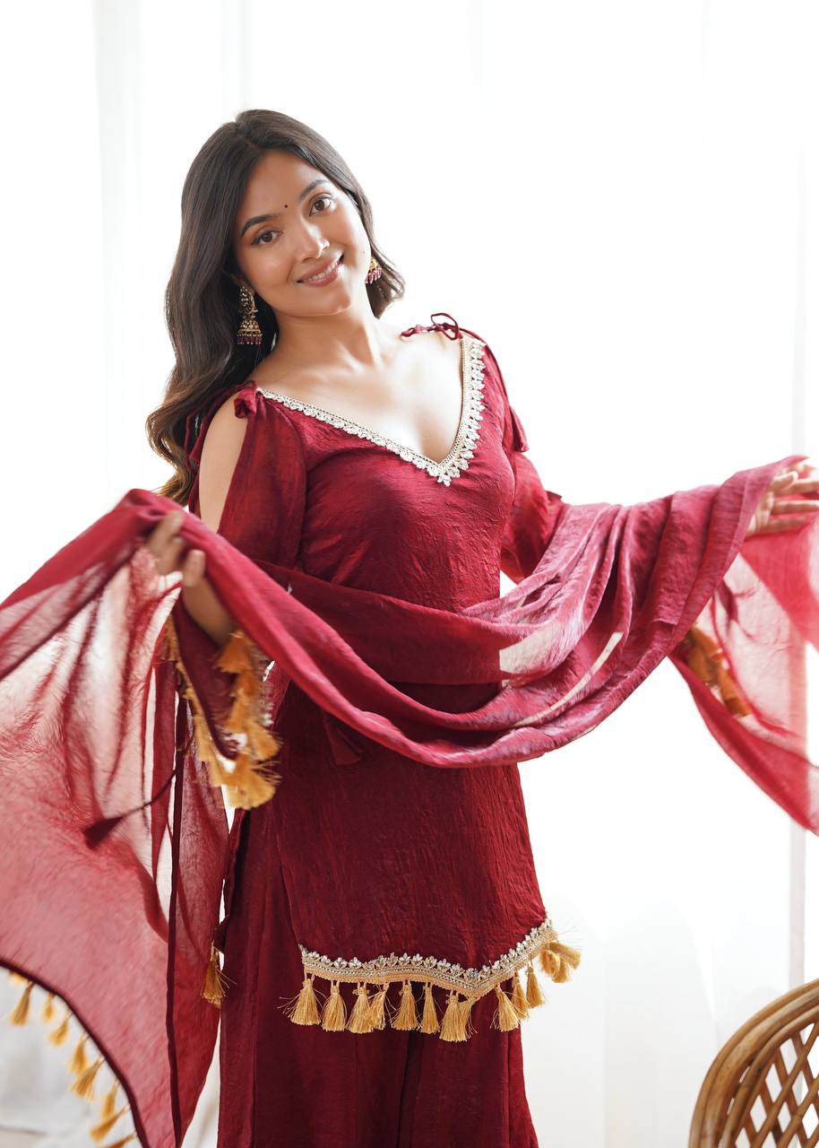 Crush Fabric Sharara Suit with Mirror Work and Tassels