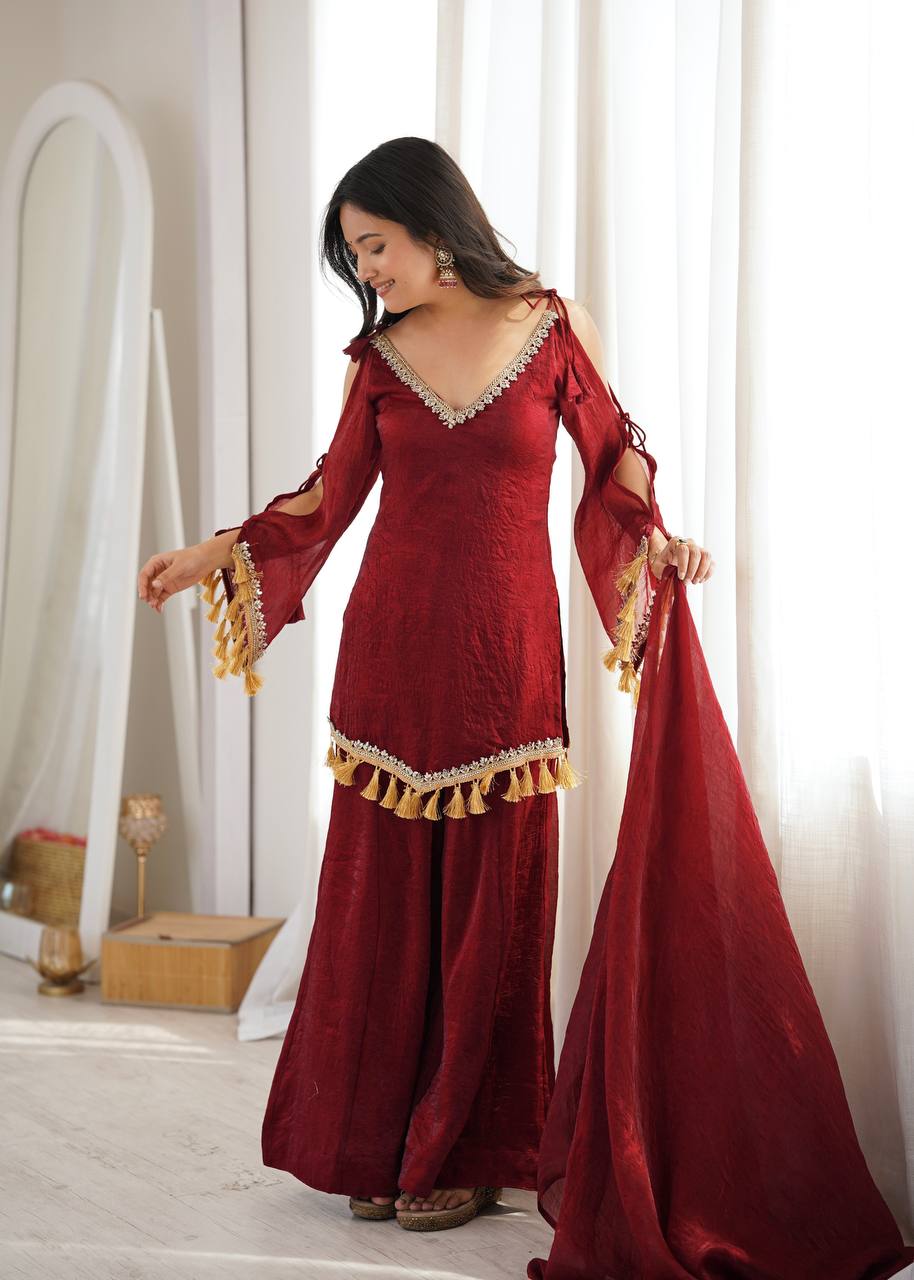 Crush Fabric Sharara Suit with Mirror Work and Tassels