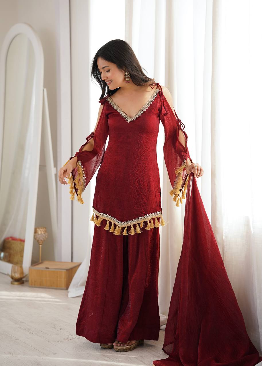 Crush Fabric Sharara Suit with Mirror Work and Tassels