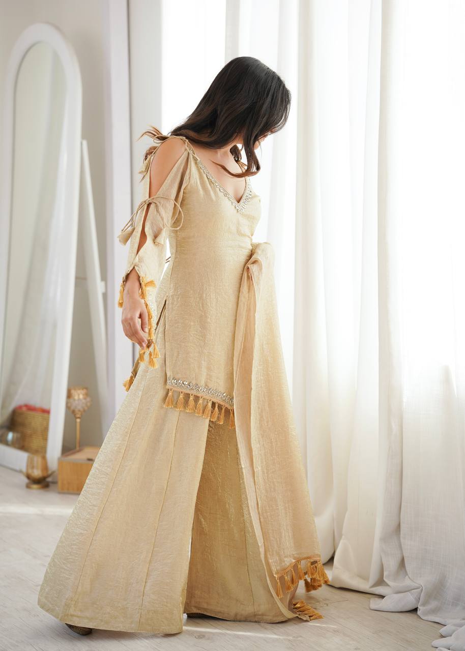 Crush Fabric Sharara Suit with Mirror Work and Tassels