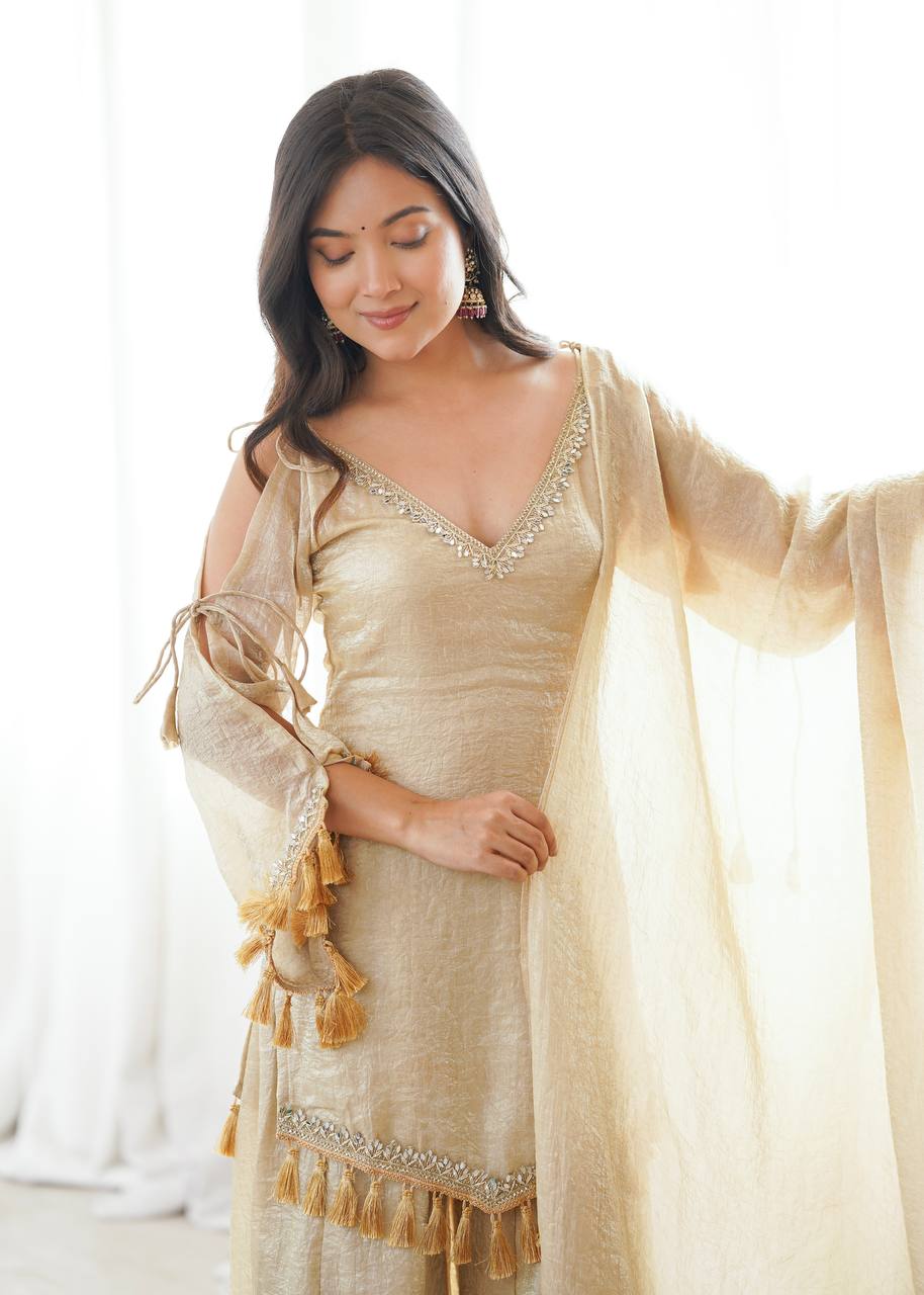 Crush Fabric Sharara Suit with Mirror Work and Tassels